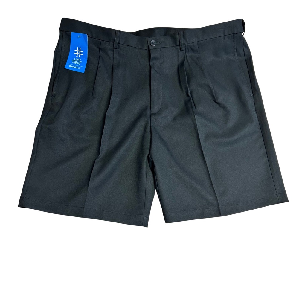 Haggar Cool 18 Pro Mens 44W Black Pleated Expandable Waist Golf Shorts HS00439
